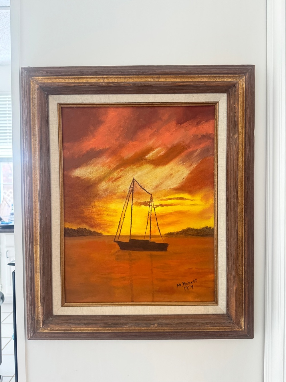 Vintage Sunset Sailboat Wall Art - Orange and Yellow Framed Painting 25” x 21”